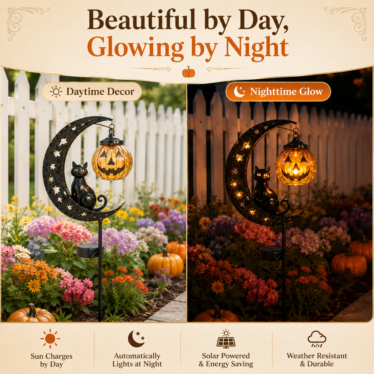 Solar Halloween Garden Stake Light with Cat and Pumpkin Lantern