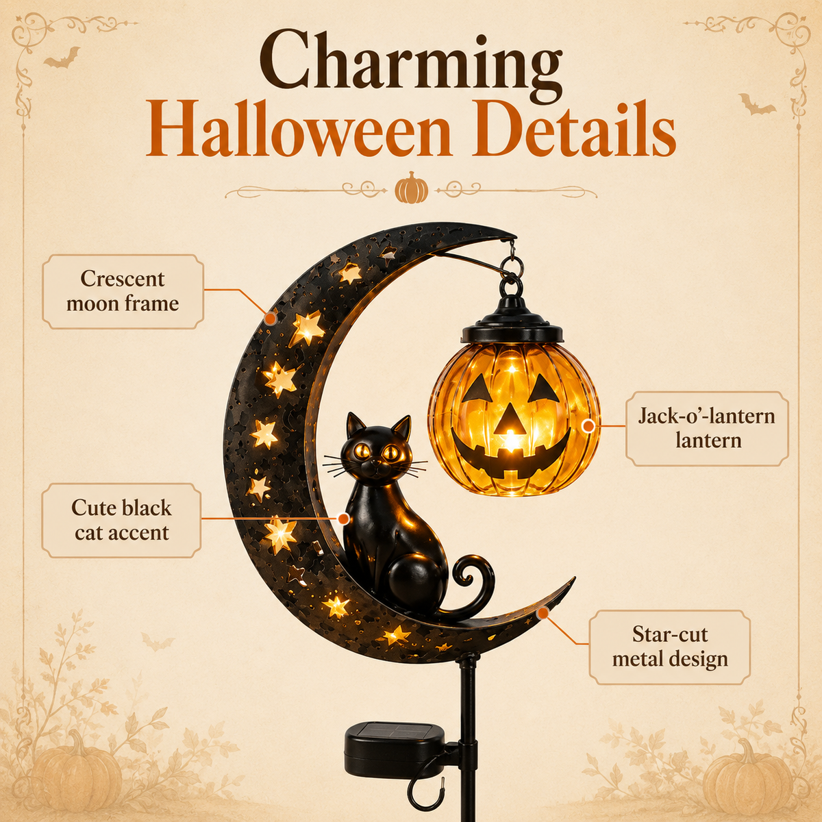 Solar Halloween Garden Stake Light with Cat and Pumpkin Lantern