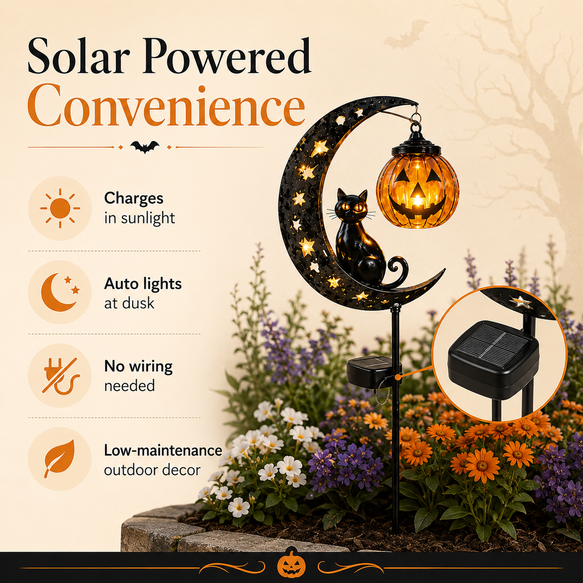 Solar Halloween Garden Stake Light with Cat and Pumpkin Lantern