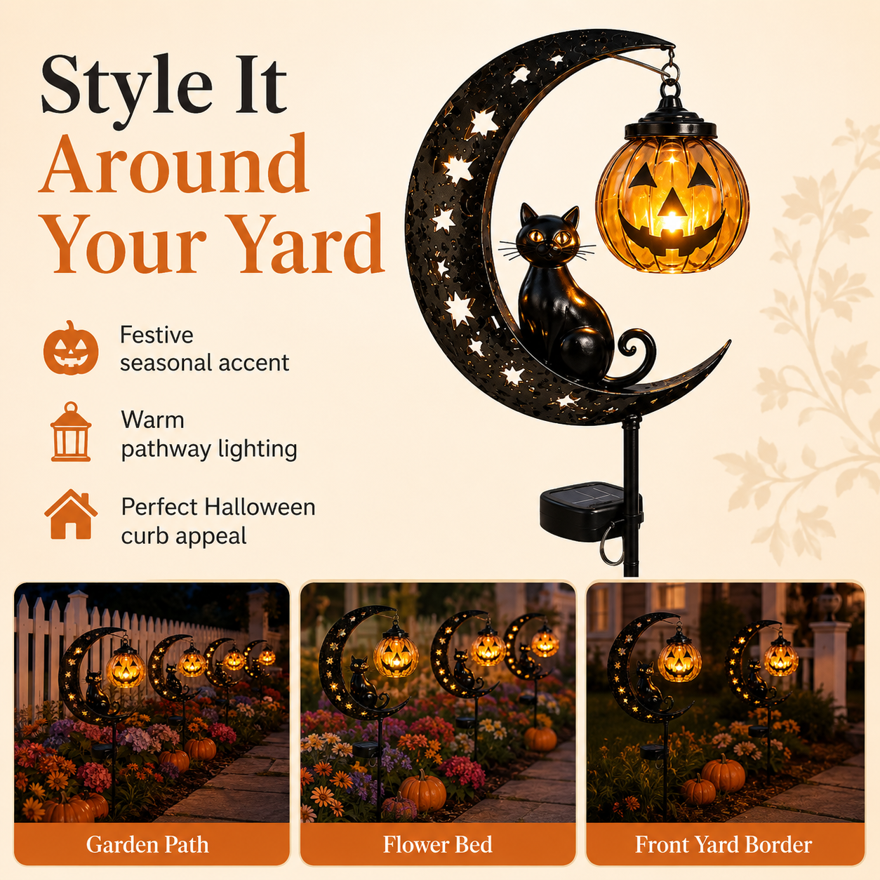 Solar Halloween Garden Stake Light with Cat and Pumpkin Lantern