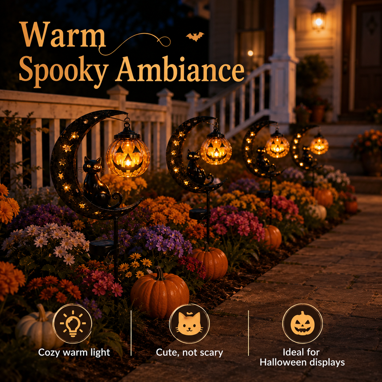 Solar Halloween Garden Stake Light with Cat and Pumpkin Lantern