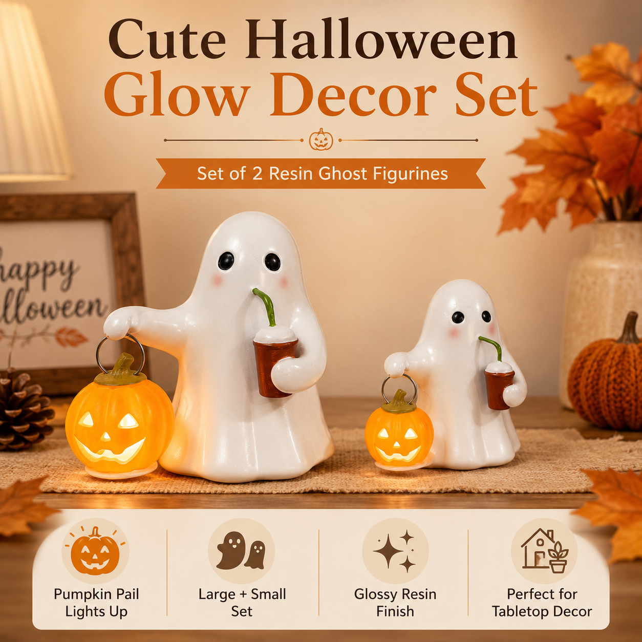 Halloween Ghost Pumpkin Figurine Set of 2