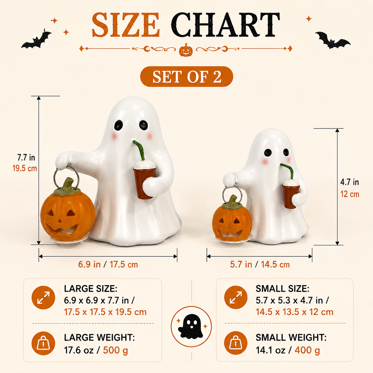 Halloween Ghost Pumpkin Figurine Set of 2