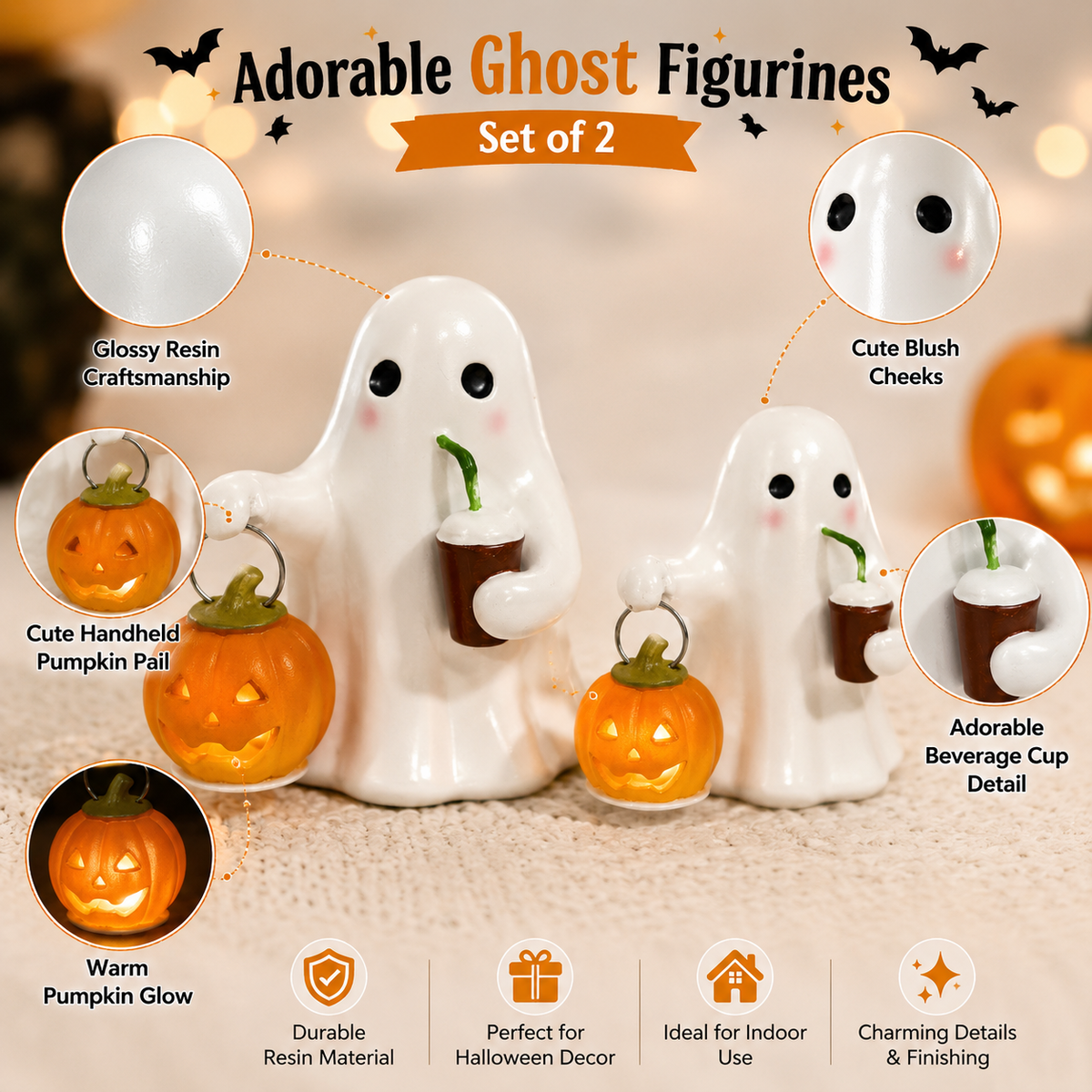 Halloween Ghost Pumpkin Figurine Set of 2