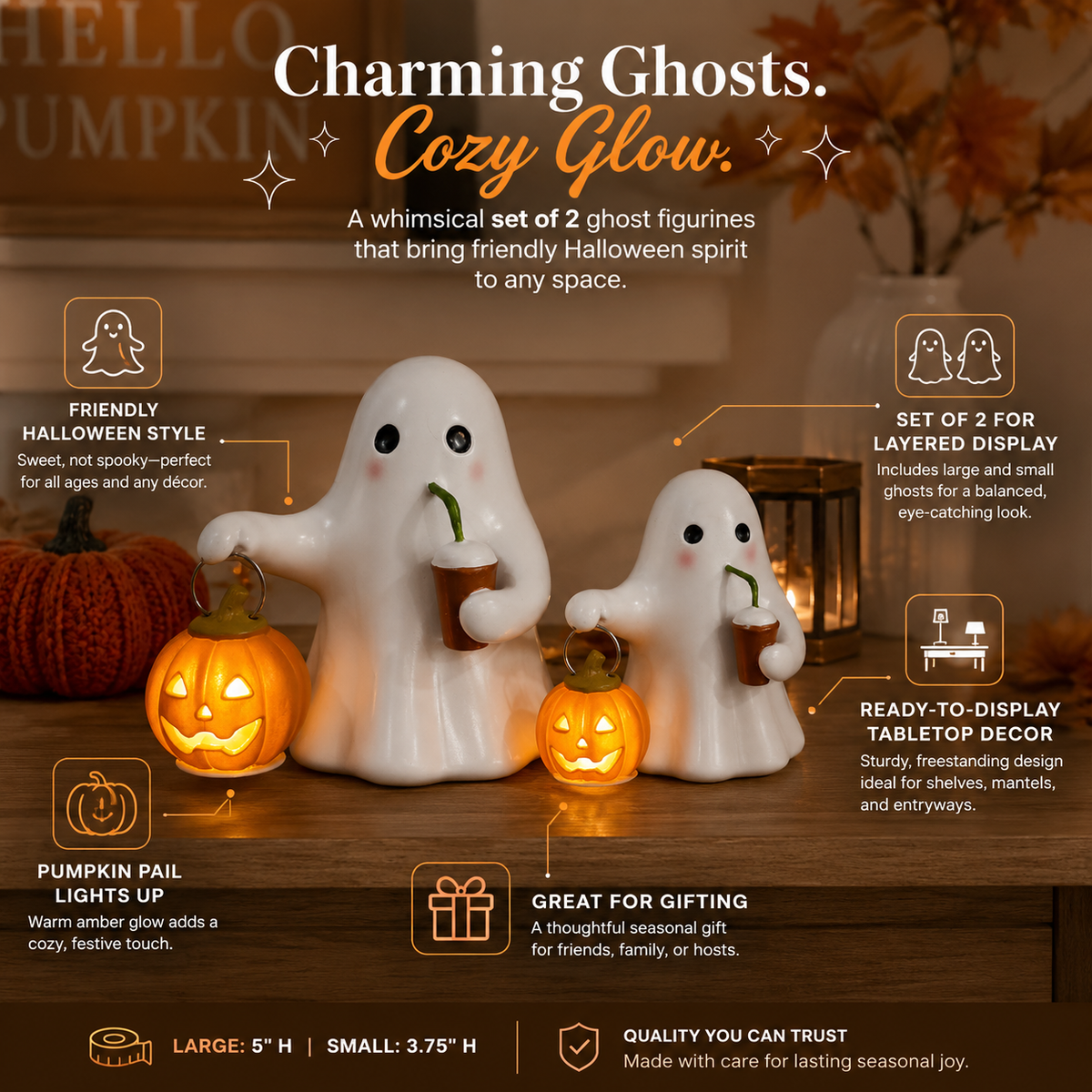 Halloween Ghost Pumpkin Figurine Set of 2