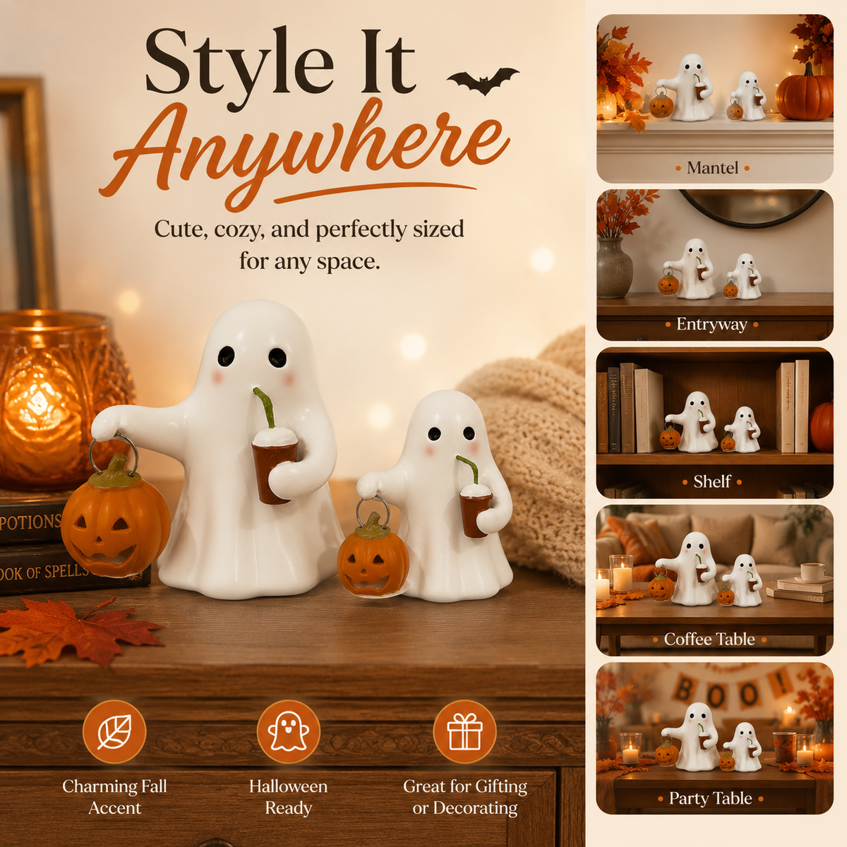 Halloween Ghost Pumpkin Figurine Set of 2