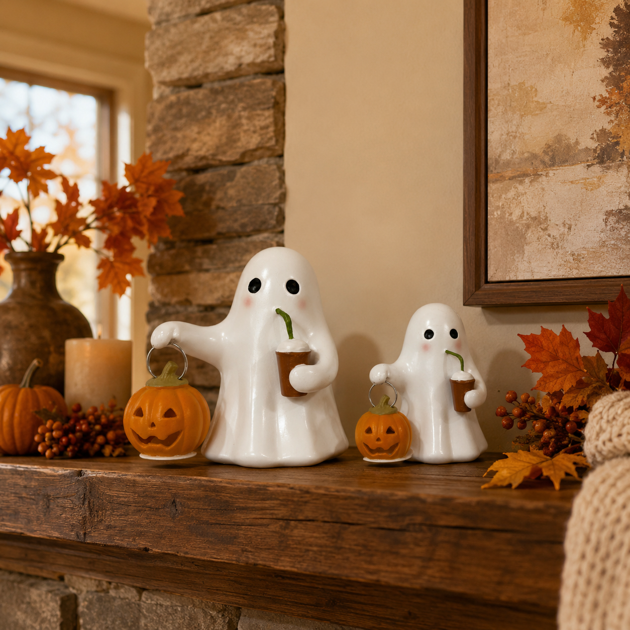 Halloween Ghost Pumpkin Figurine Set of 2
