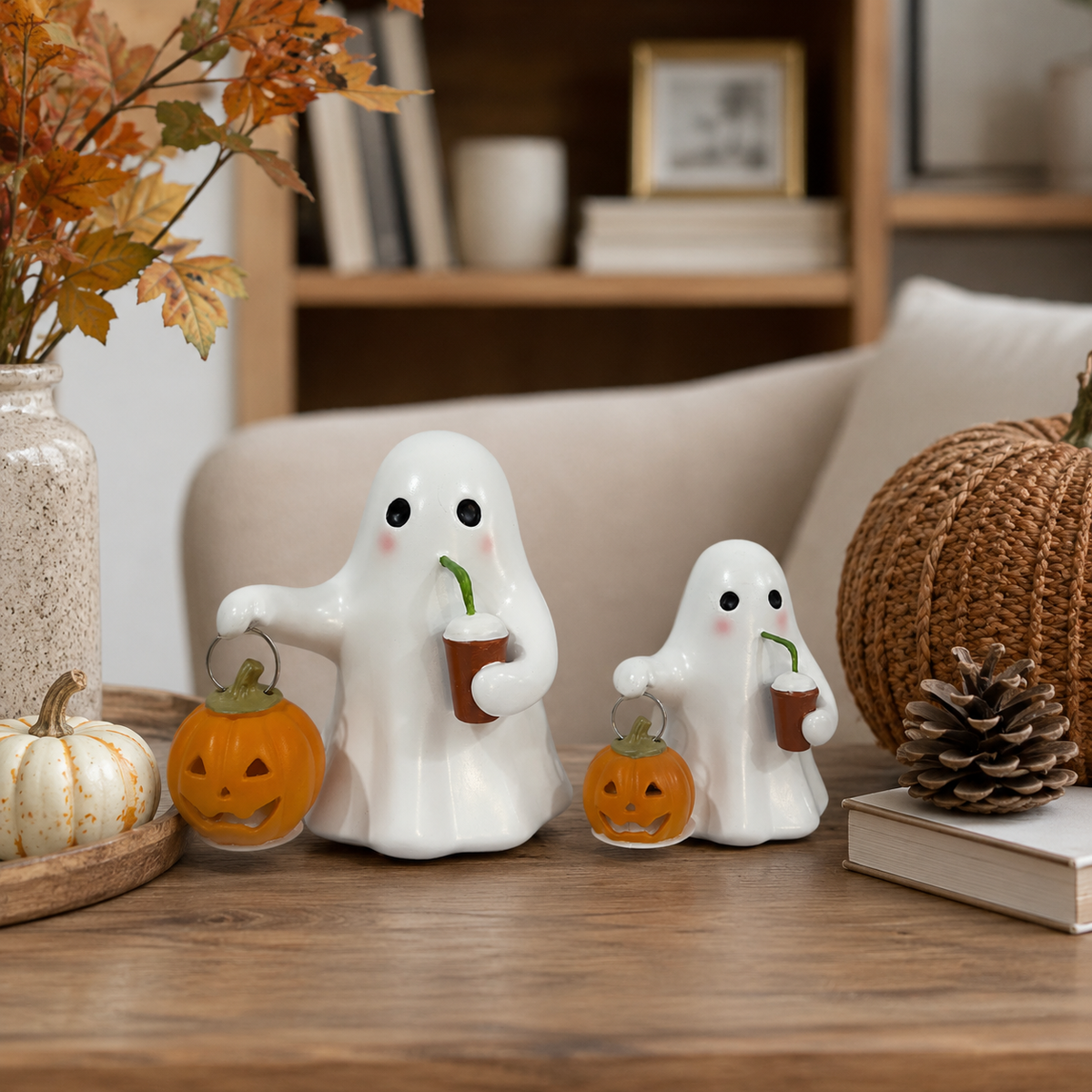 Halloween Ghost Pumpkin Figurine Set of 2