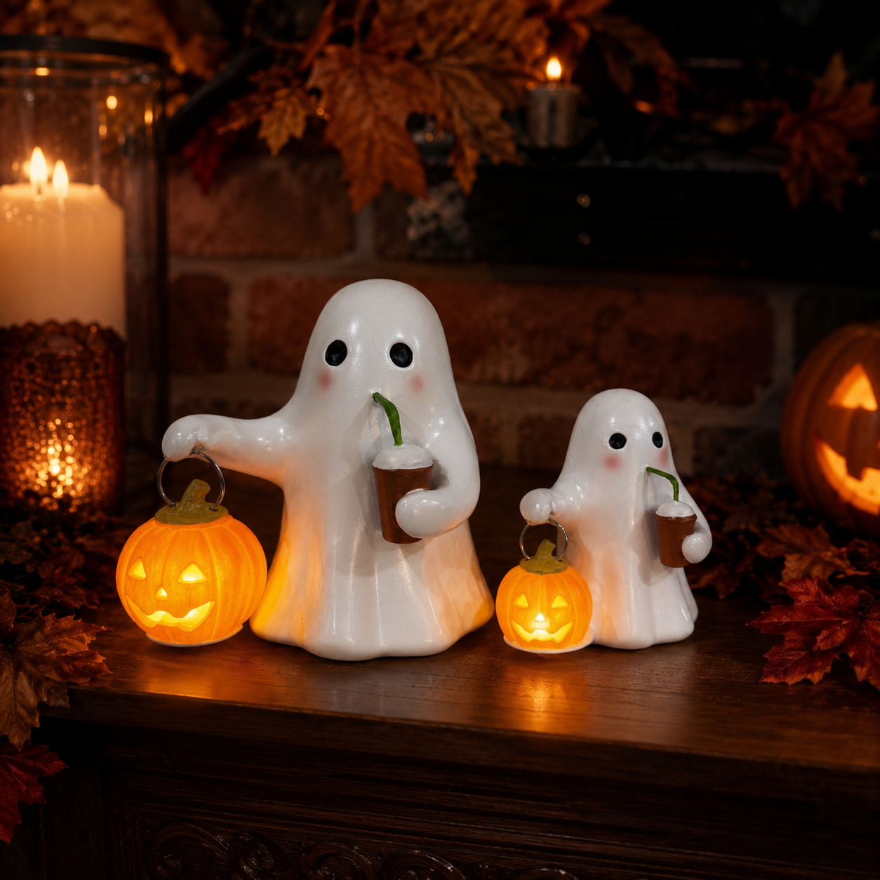 Halloween Ghost Pumpkin Figurine Set of 2