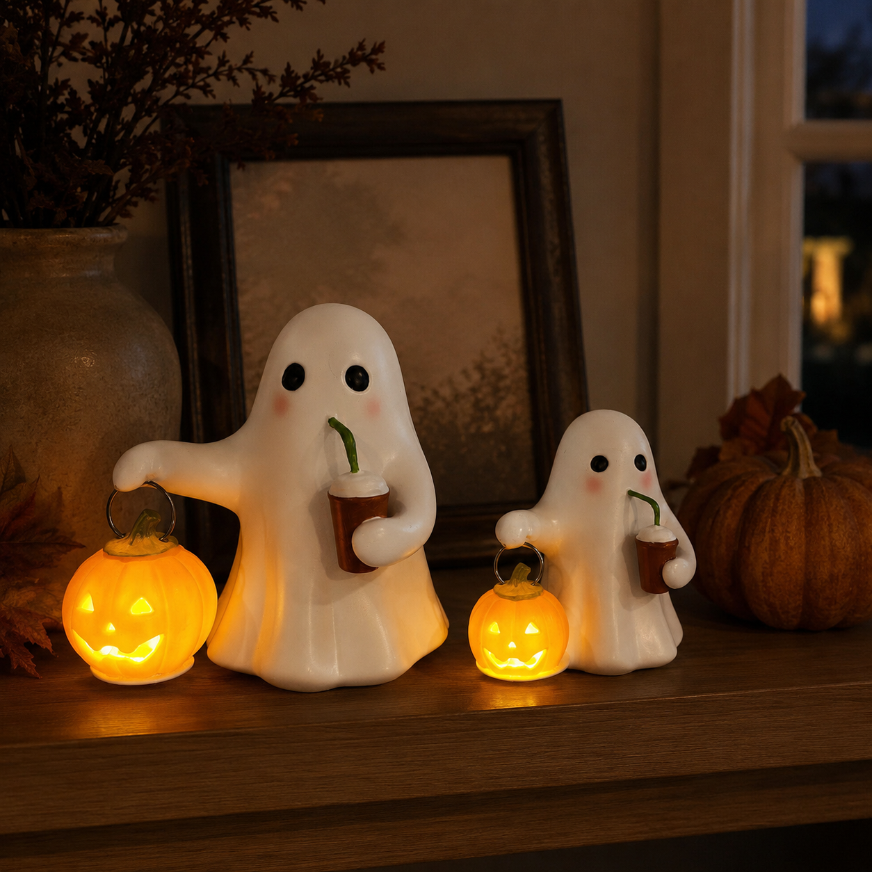 Halloween Ghost Pumpkin Figurine Set of 2