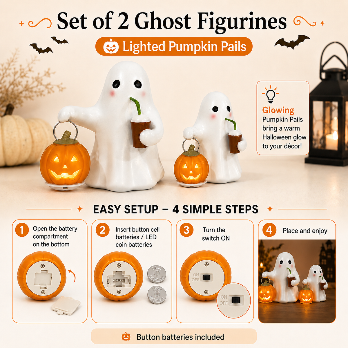 Halloween Ghost Pumpkin Figurine Set of 2