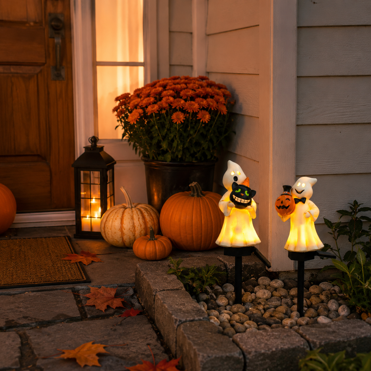Solar Ghost & Pumpkin Garden Stake Lights Set – Warm Glow Halloween Pathway Décor