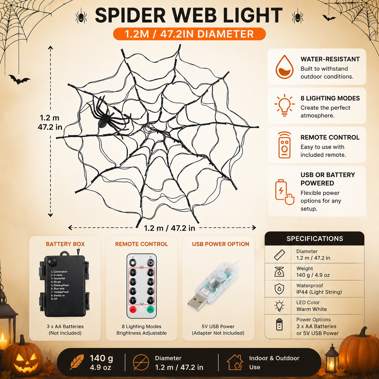 Halloween Spider Web String Lights with Remote 🕷️🎃