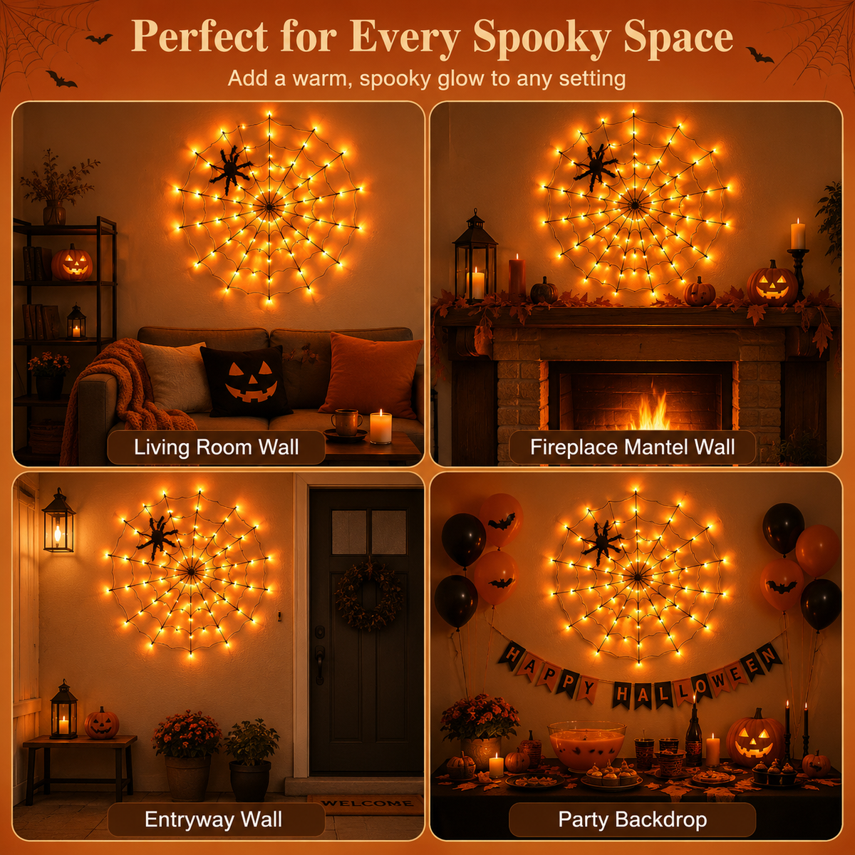 Halloween Spider Web String Lights with Remote 🕷️🎃