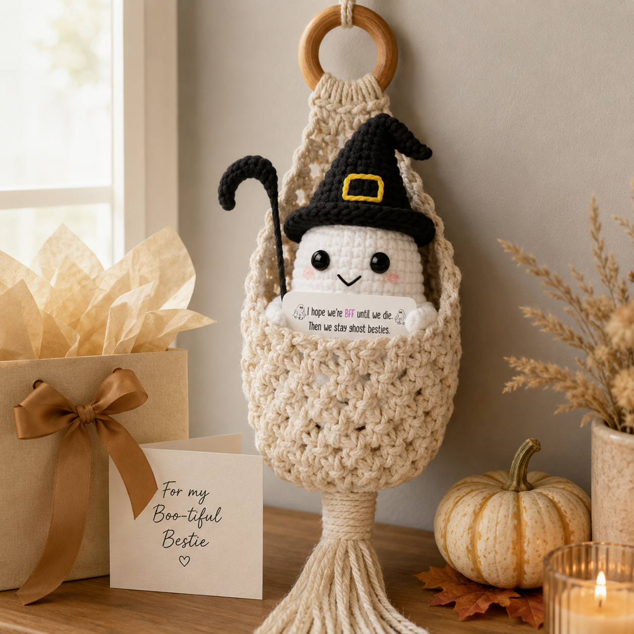 Spooky-Cute Crochet Ghost Gift 👻 Bestie Desk Decor & Boho Hanging Basket