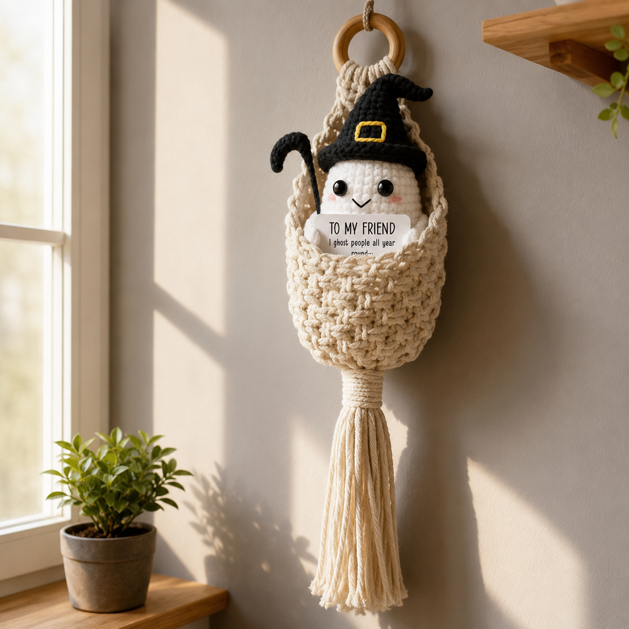 Spooky-Cute Crochet Ghost Gift 👻 Bestie Desk Decor & Boho Hanging Basket
