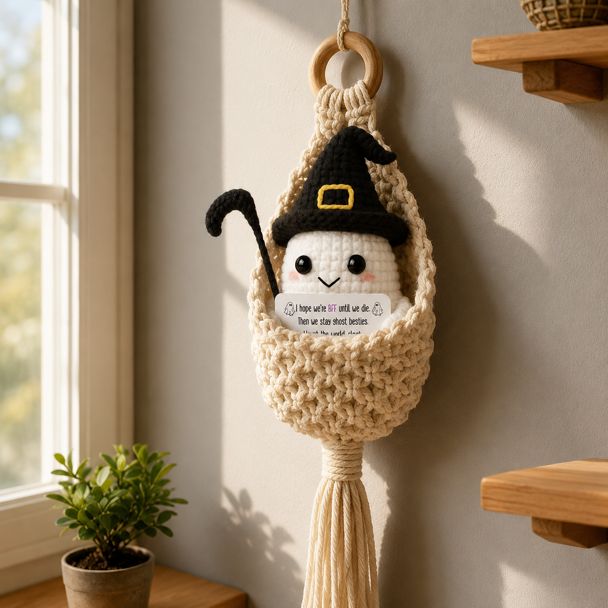 Spooky-Cute Crochet Ghost Gift 👻 Bestie Desk Decor & Boho Hanging Basket