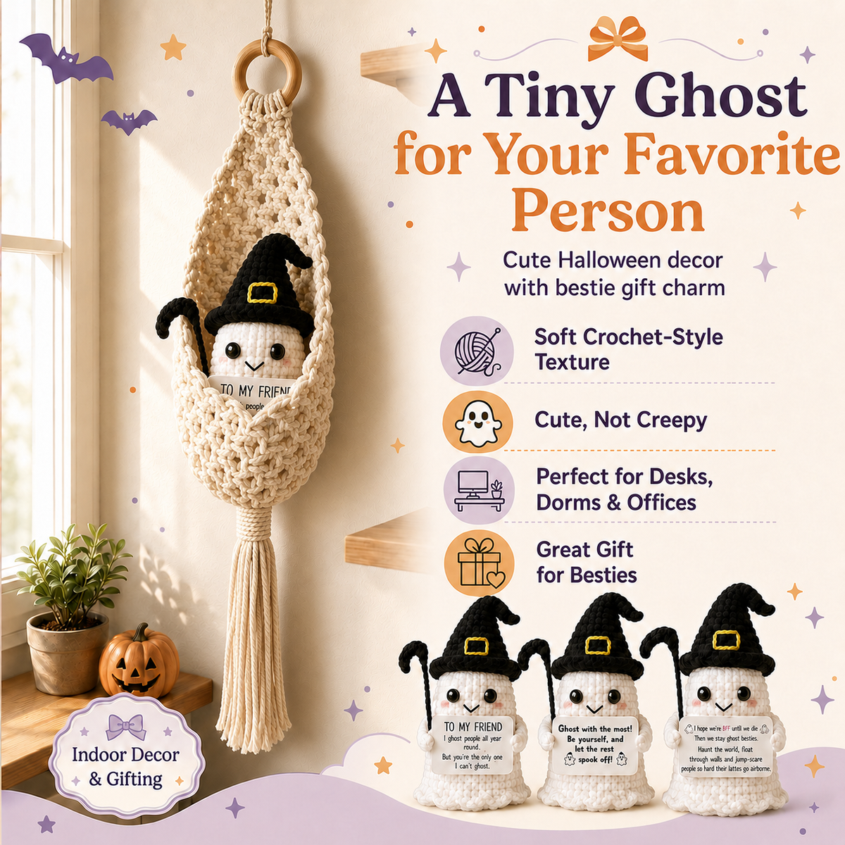 Spooky-Cute Crochet Ghost Gift 👻 Bestie Desk Decor & Boho Hanging Basket