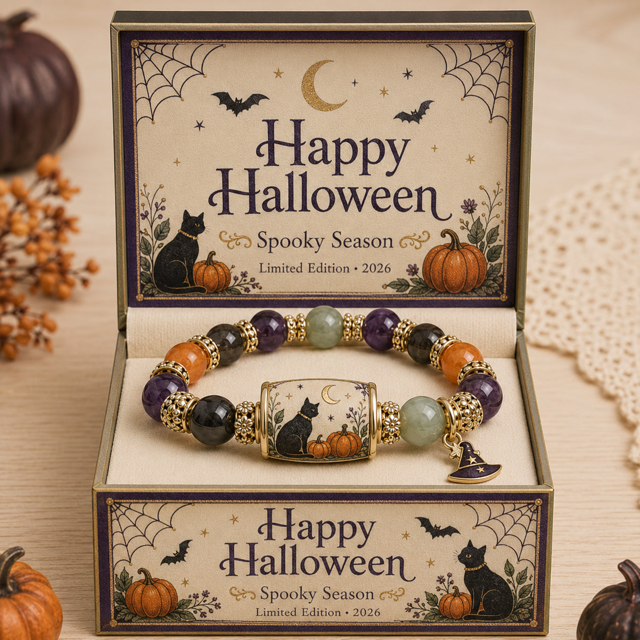 Limited Edition 2026 Halloween Black Cat Pumpkin Beaded Bracelet Gift Set