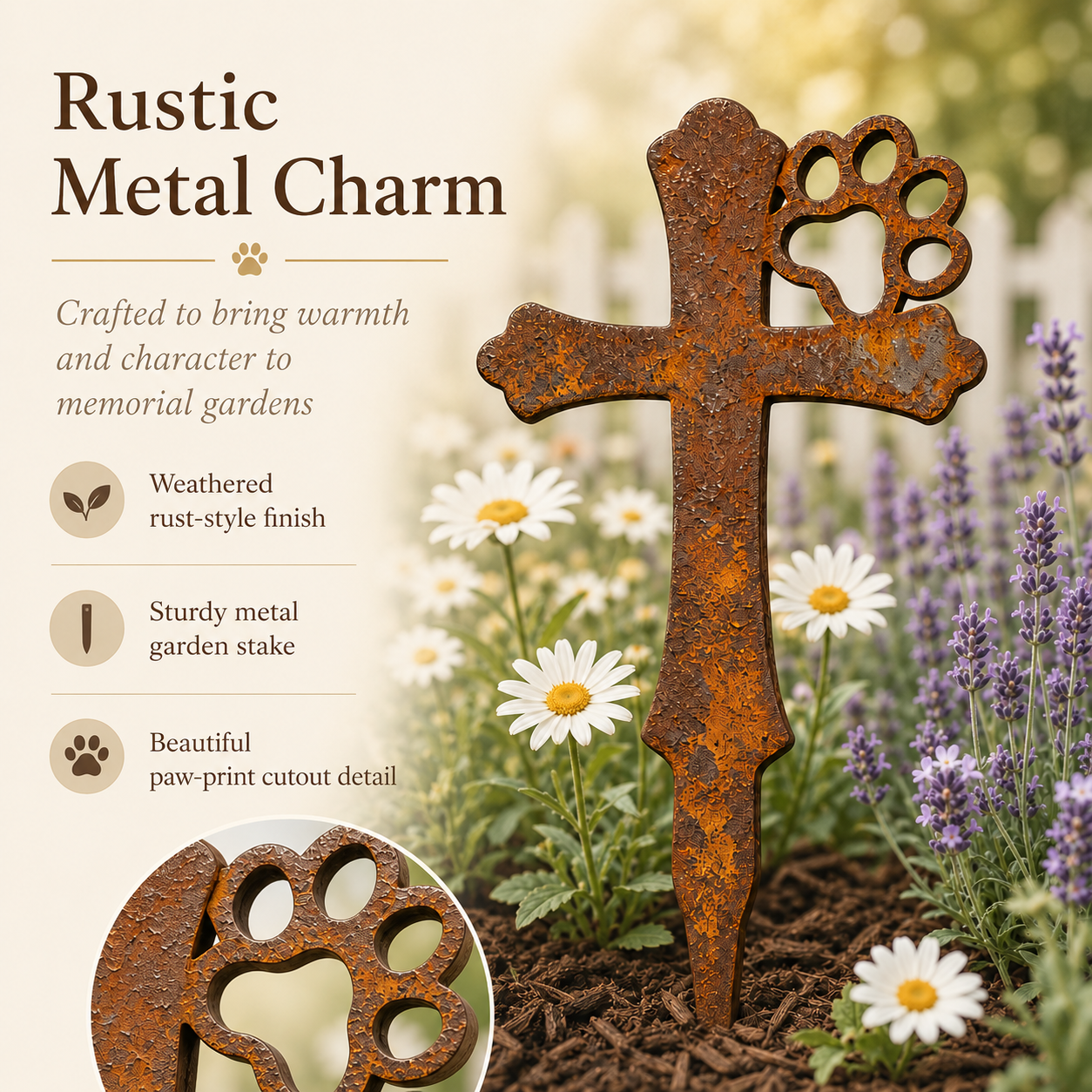Rustic Metal Pet Memorial Garden Stake with Paw Print Cross
