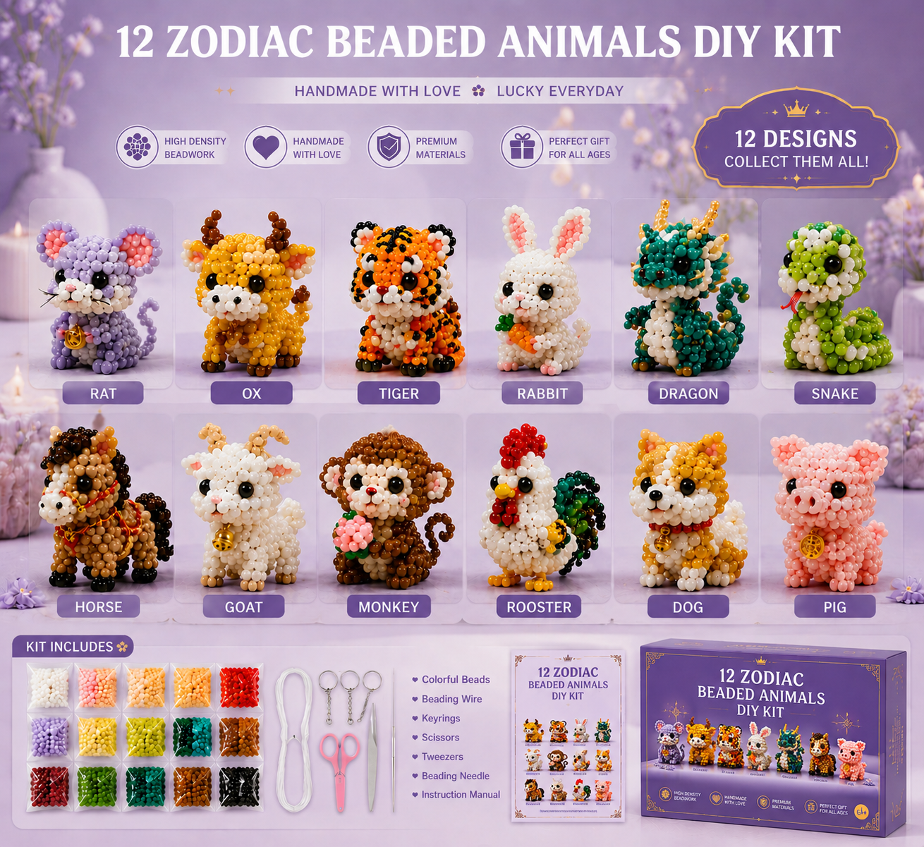 🔥 Last Day 57% OFF ＆ Buy 3 Get 1 Free✨ 12 Zodiac Beaded Animals DIY Kit