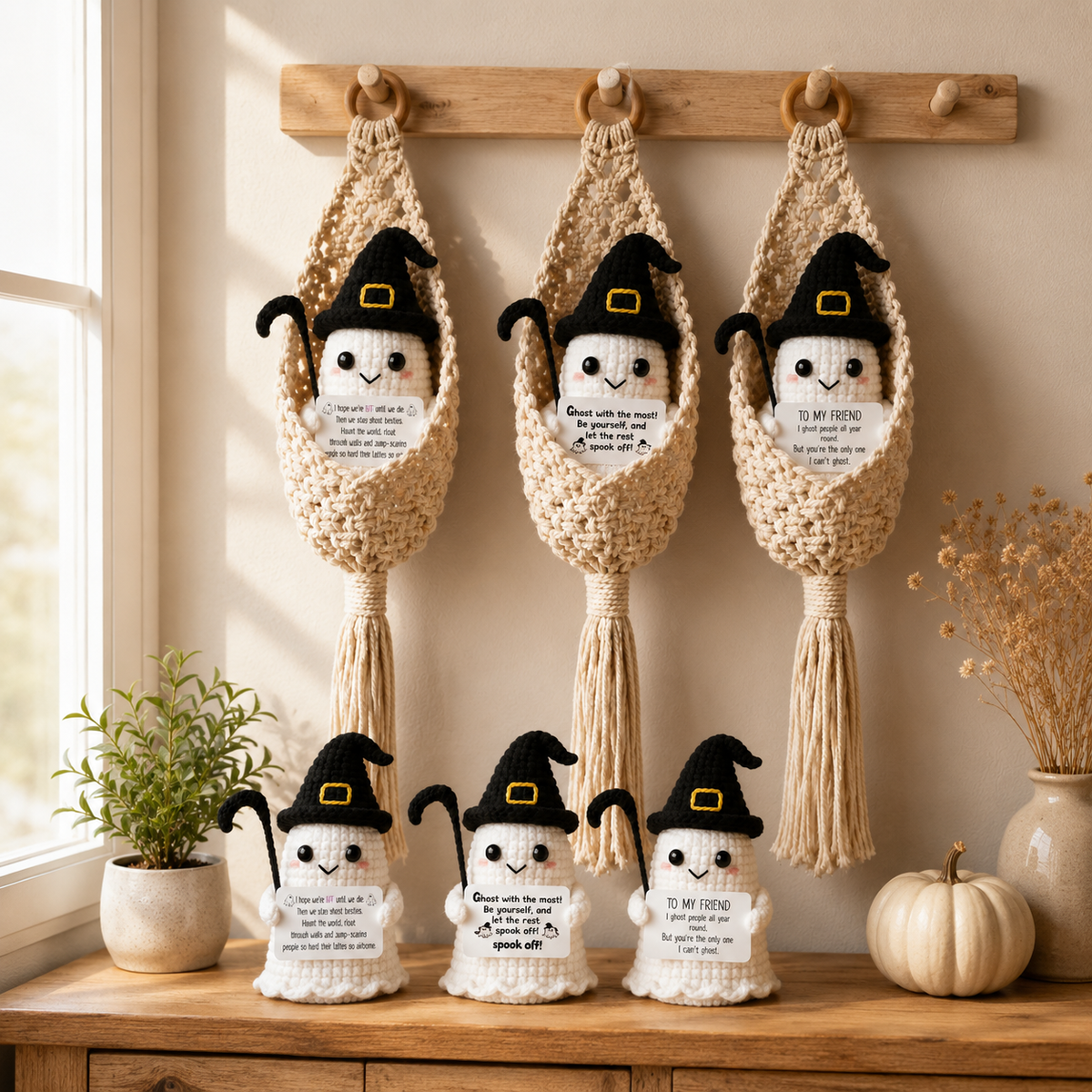 Spooky-Cute Crochet Ghost Gift 👻 Bestie Desk Decor & Boho Hanging Basket