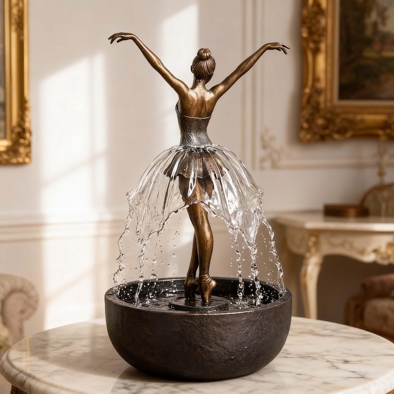 Ballerina Water Fountain,Elegant Dancer Sculpture with Flowing Skirt,Artistic Decor,Zen Indoor Water Feature,Tabletop Art,Gift for Her
