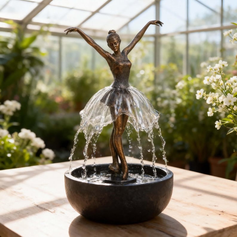 Ballerina Water Fountain,Elegant Dancer Sculpture with Flowing Skirt,Artistic Decor,Zen Indoor Water Feature,Tabletop Art,Gift for Her