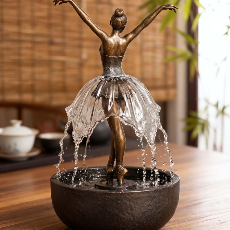 Ballerina Water Fountain,Elegant Dancer Sculpture with Flowing Skirt,Artistic Decor,Zen Indoor Water Feature,Tabletop Art,Gift for Her