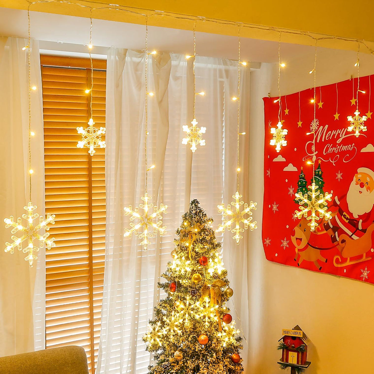 Christmas Snowflake Icicle Hanging String Lights with Remote Control