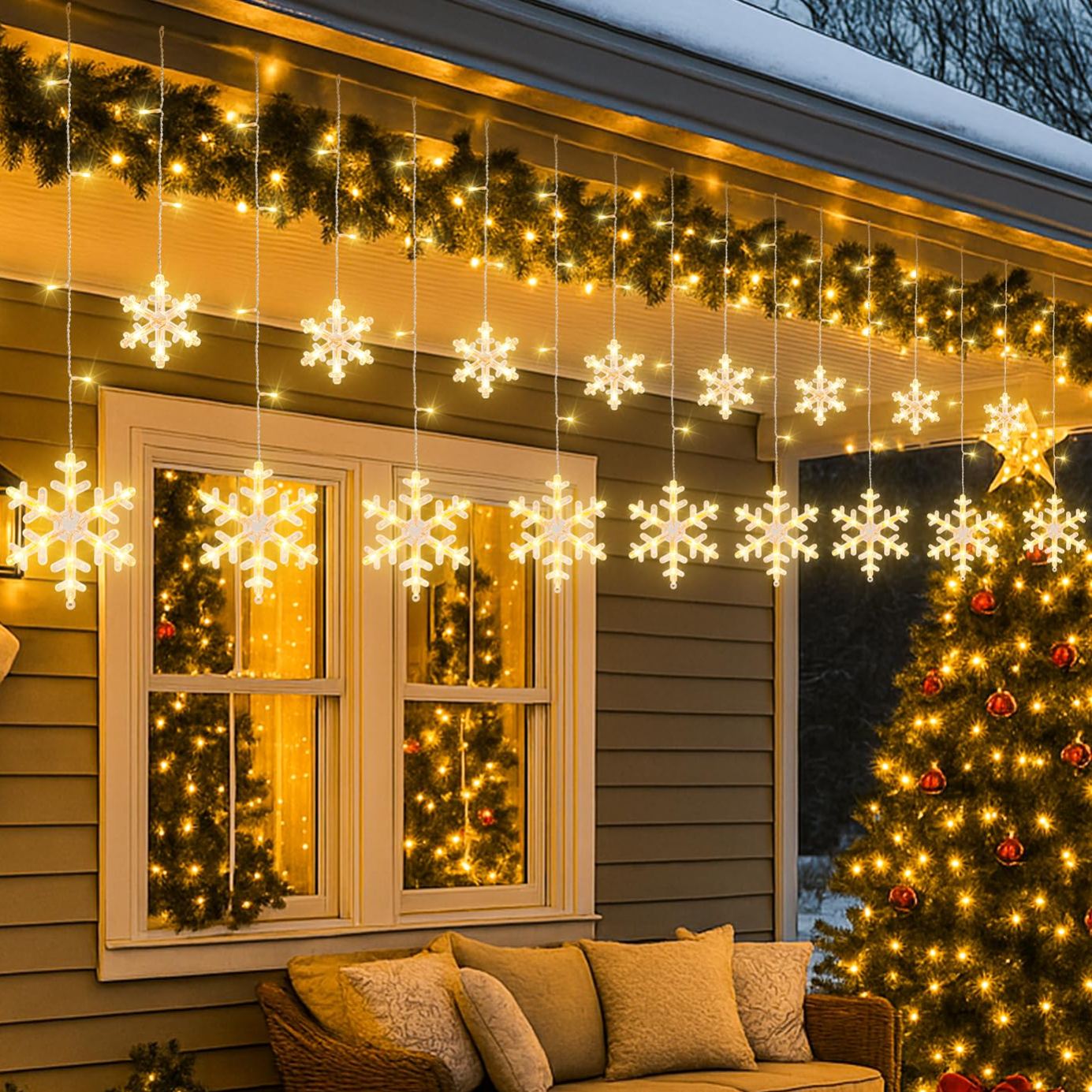 Christmas Snowflake Icicle Hanging String Lights with Remote Control