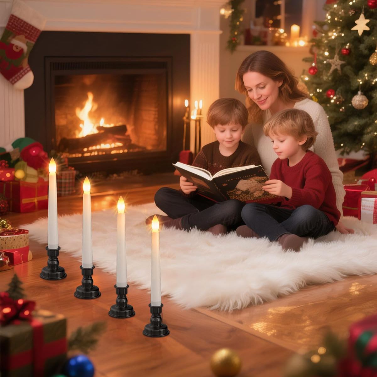 4-Pack Flameless Flickering Christmas Window Candles with Remote & Timer, Black Holders